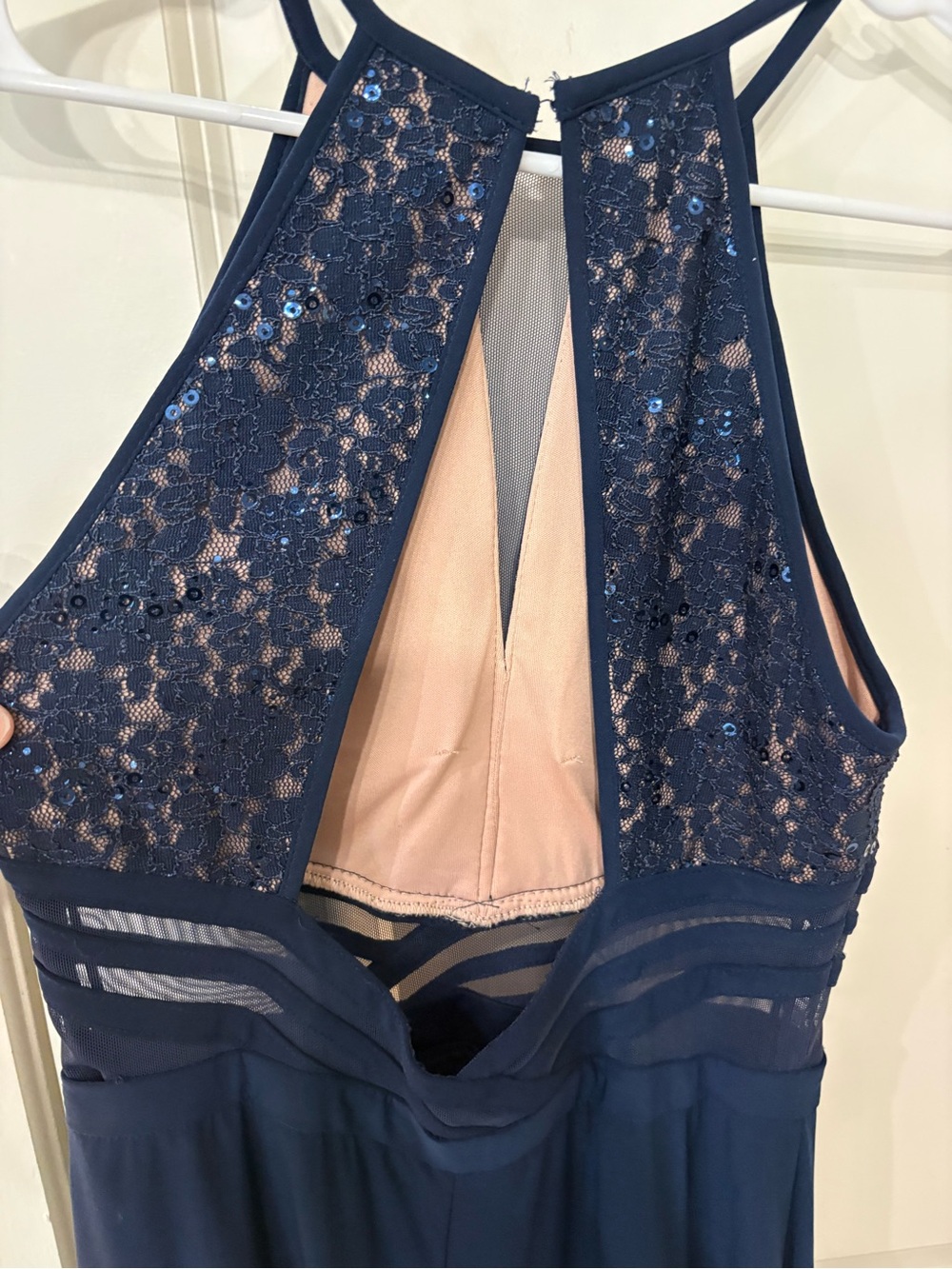 Morgan & Co. Navy Lace Halter Maxi Dress with Keyhole - Picture 4 of 5